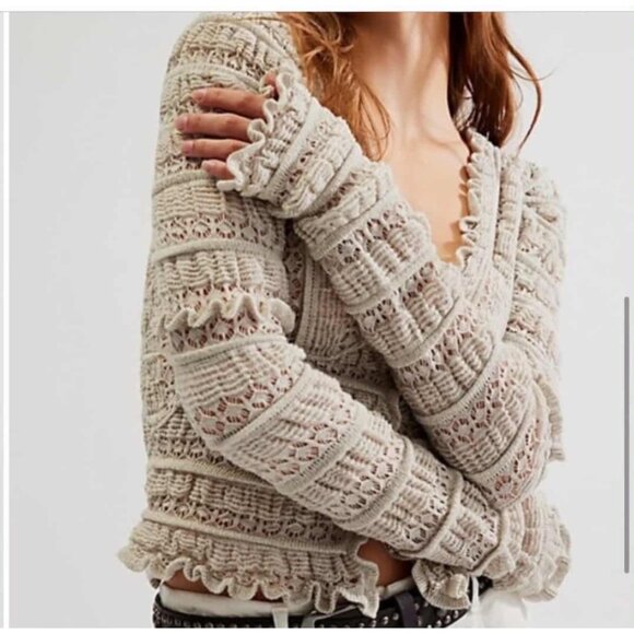 Free People Wild Roses Cardi Ruffle Lace Knit Cardigan Light Soft Grey XS New - Picture 3 of 13
